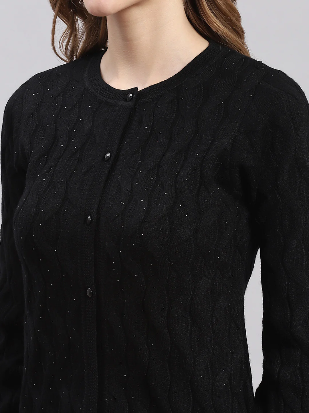 Women Black Self Design Round Neck Full Sleeve Cardigans - Image 6