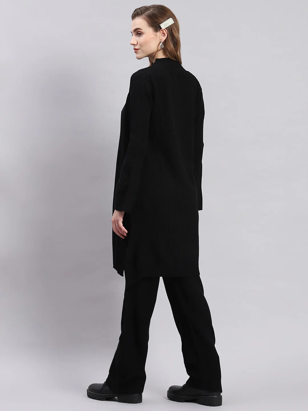 Women Black Self Design Round Neck Full Sleeve Cords Set - Image 3