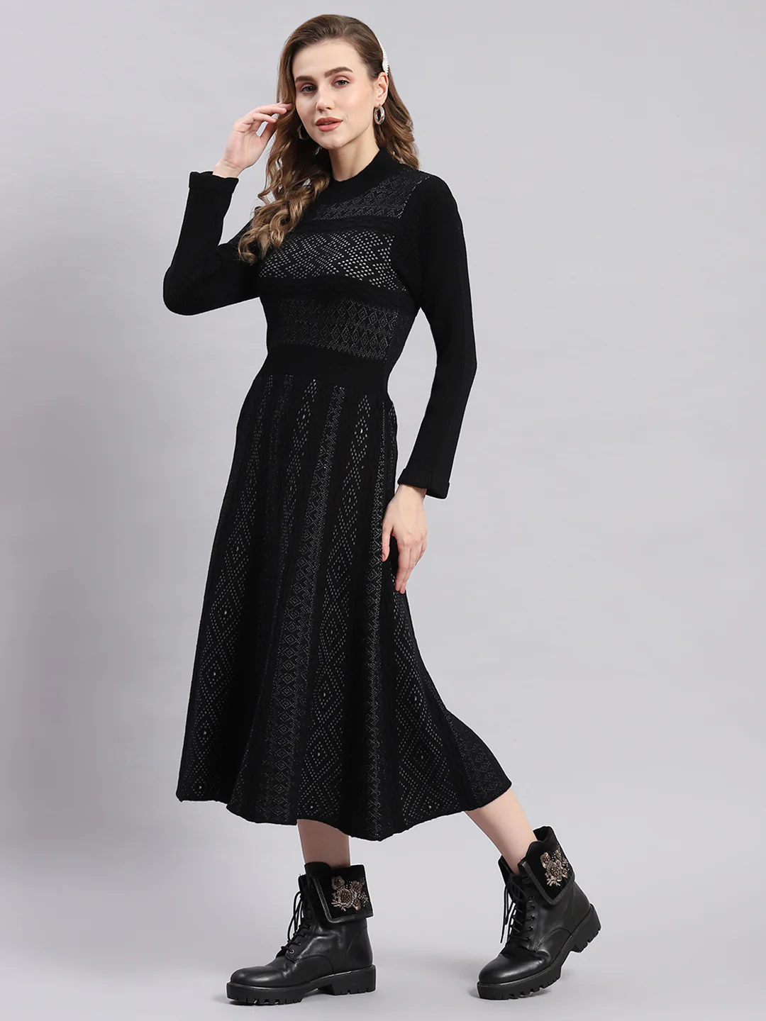 Women Black Self Design T Neck Full Sleeve Dresses - Image 3