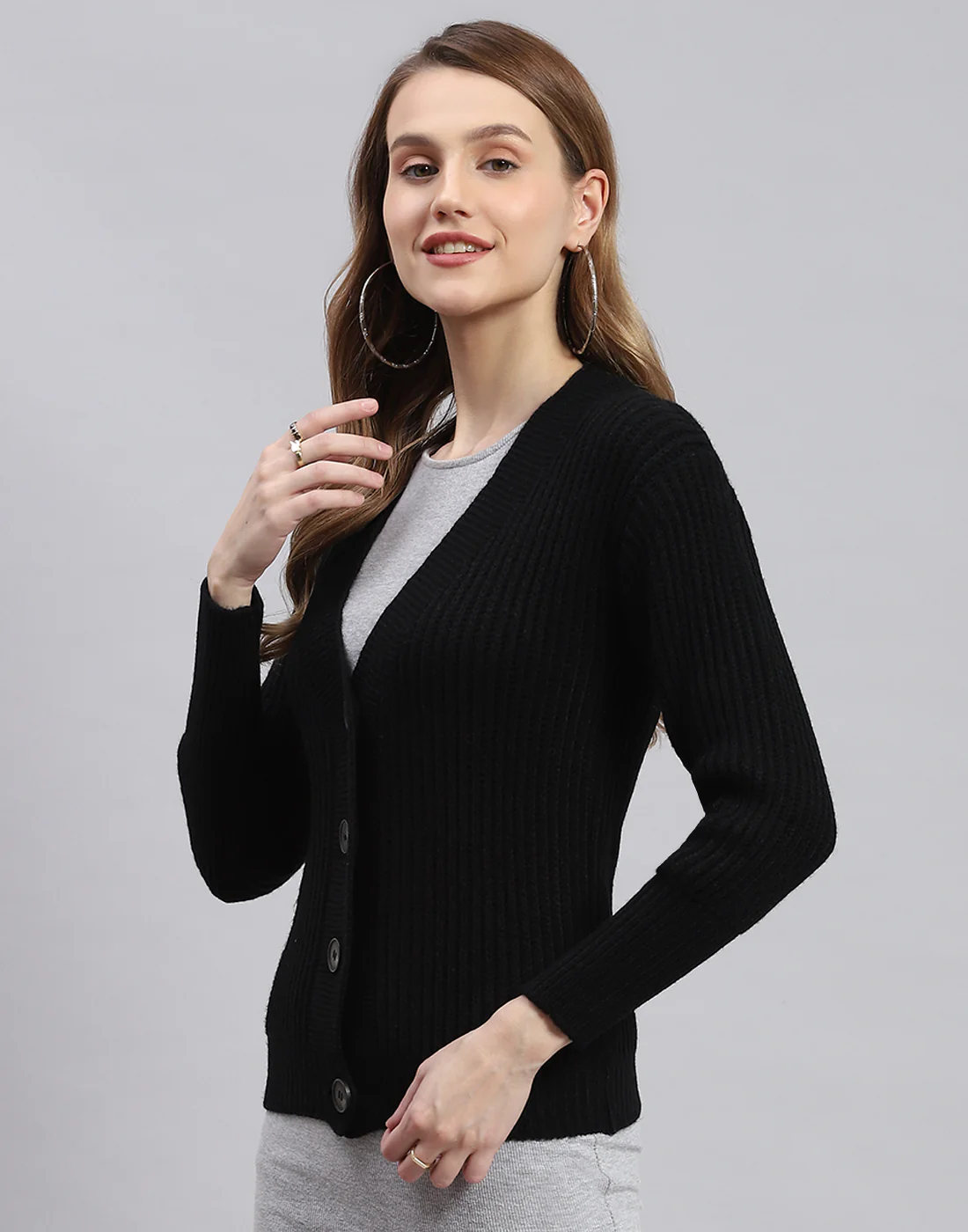 Women Black Self Design V Neck Full Sleeve Cardigans - Image 3