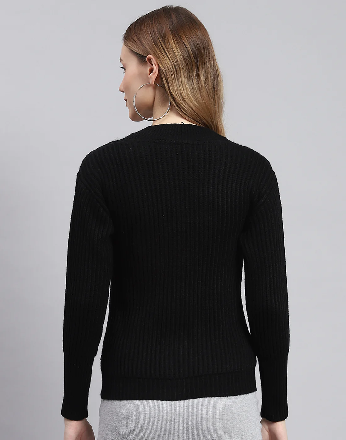 Women Black Self Design V Neck Full Sleeve Cardigans - Image 5