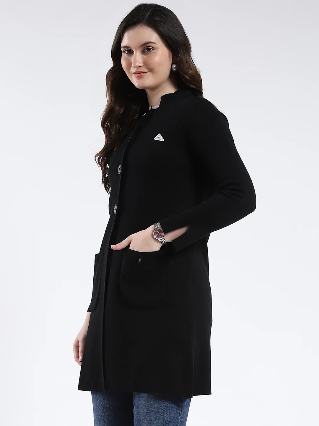 Women Black Solid Band Neck Full Sleeve Cardigan - Image 3