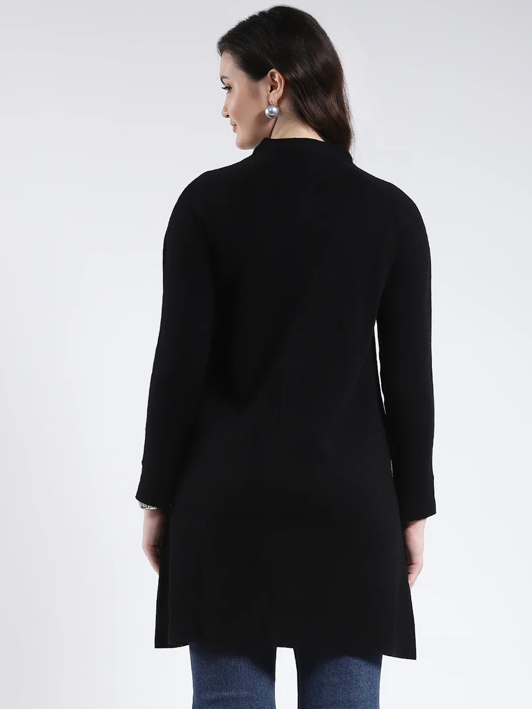 Women Black Solid Band Neck Full Sleeve Cardigan - Image 5