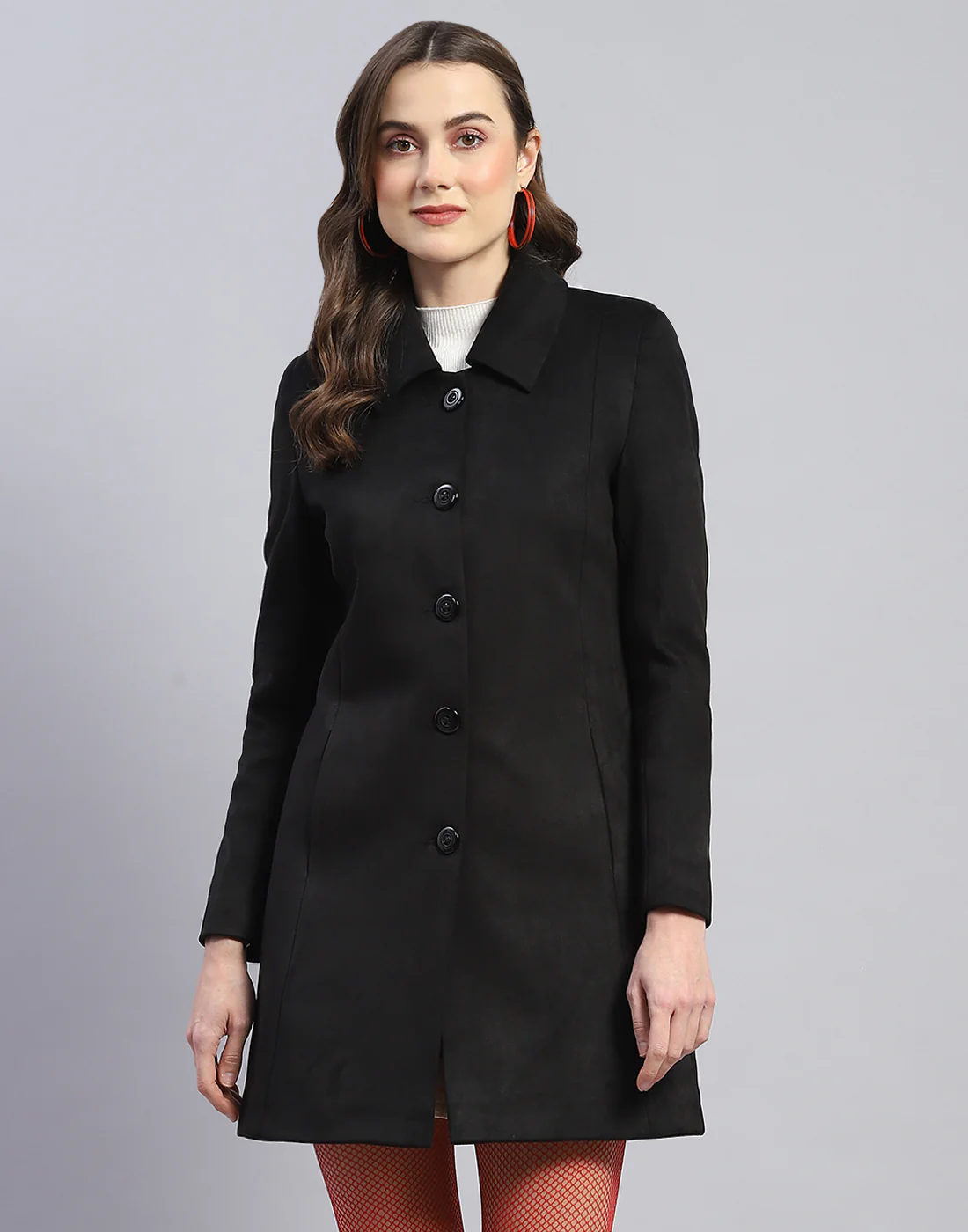Women Black Solid Collar Full Sleeve Coat - Image 2