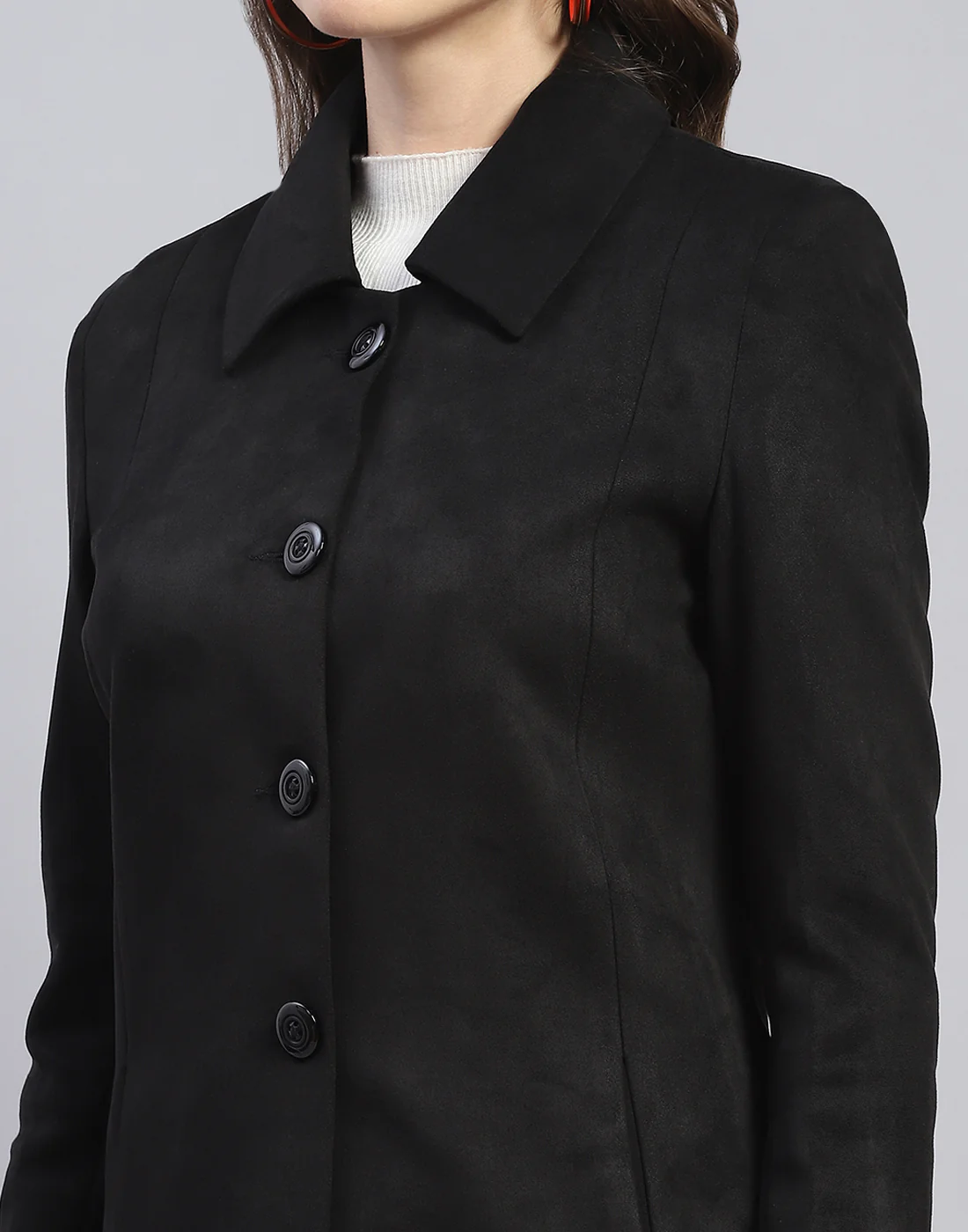 Women Black Solid Collar Full Sleeve Coat - Image 7