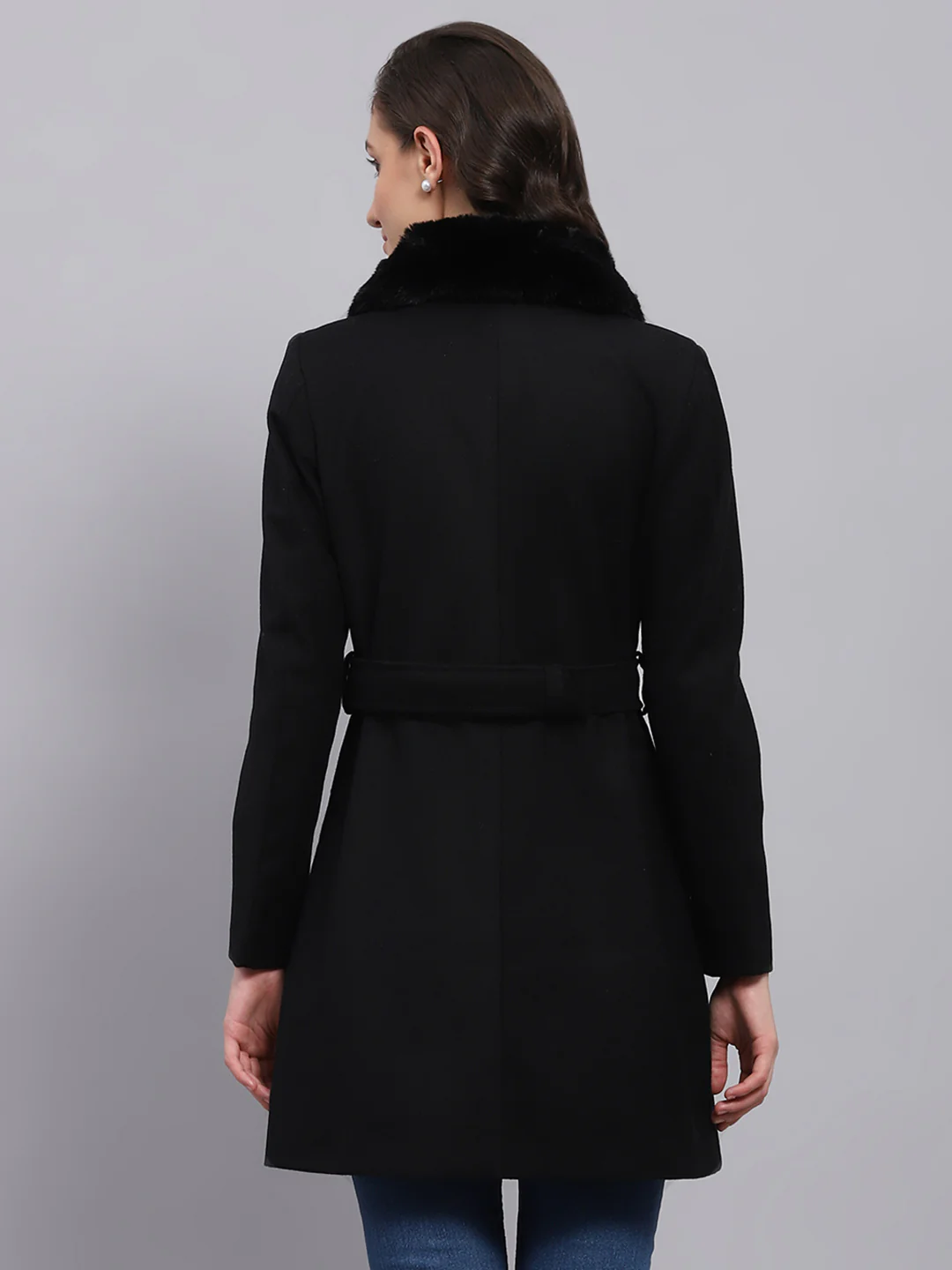 Women Black Solid Collar Full Sleeve Coat - Image 5