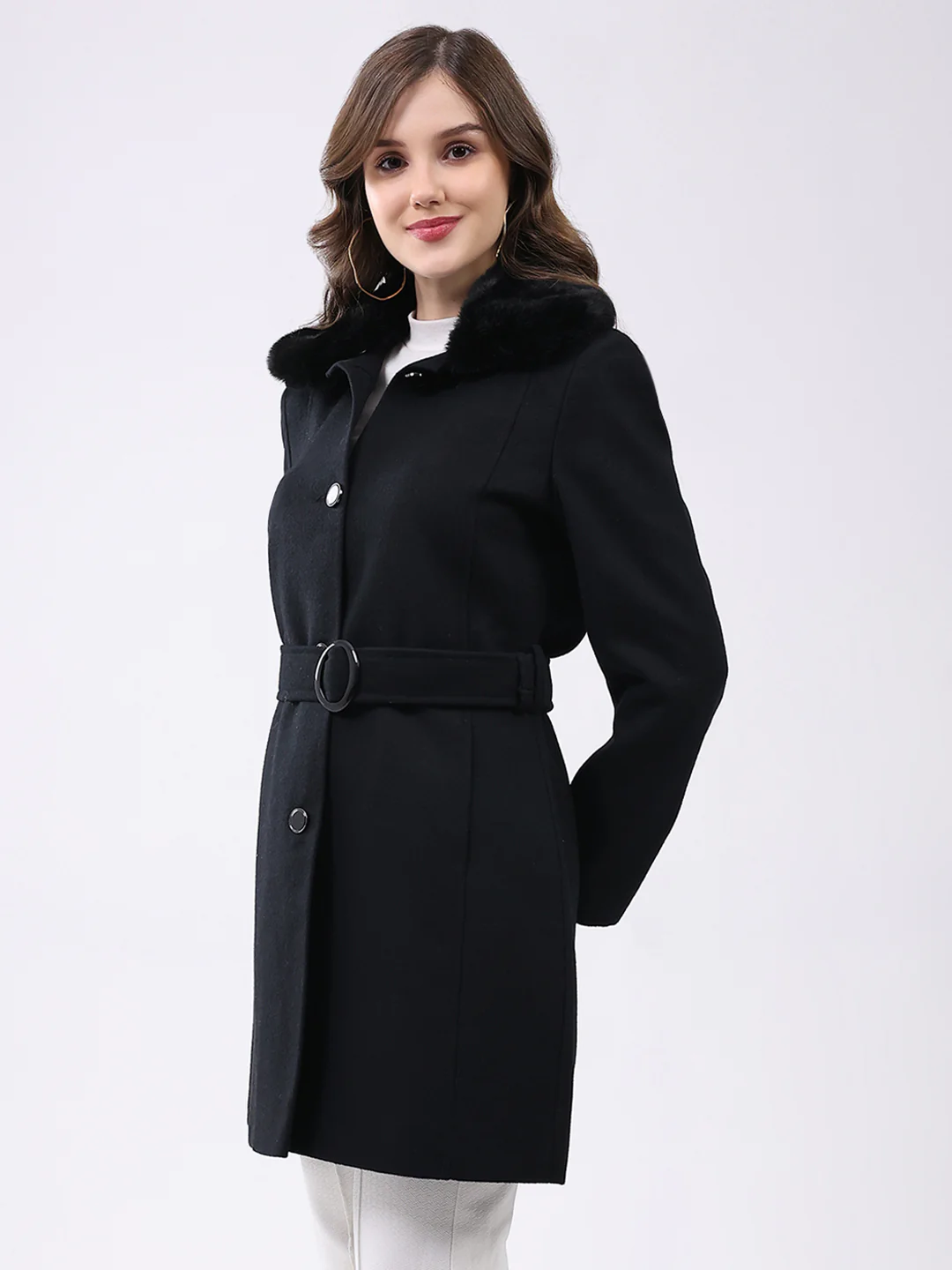 Women Black Solid Collar Full Sleeve Coat - Image 3