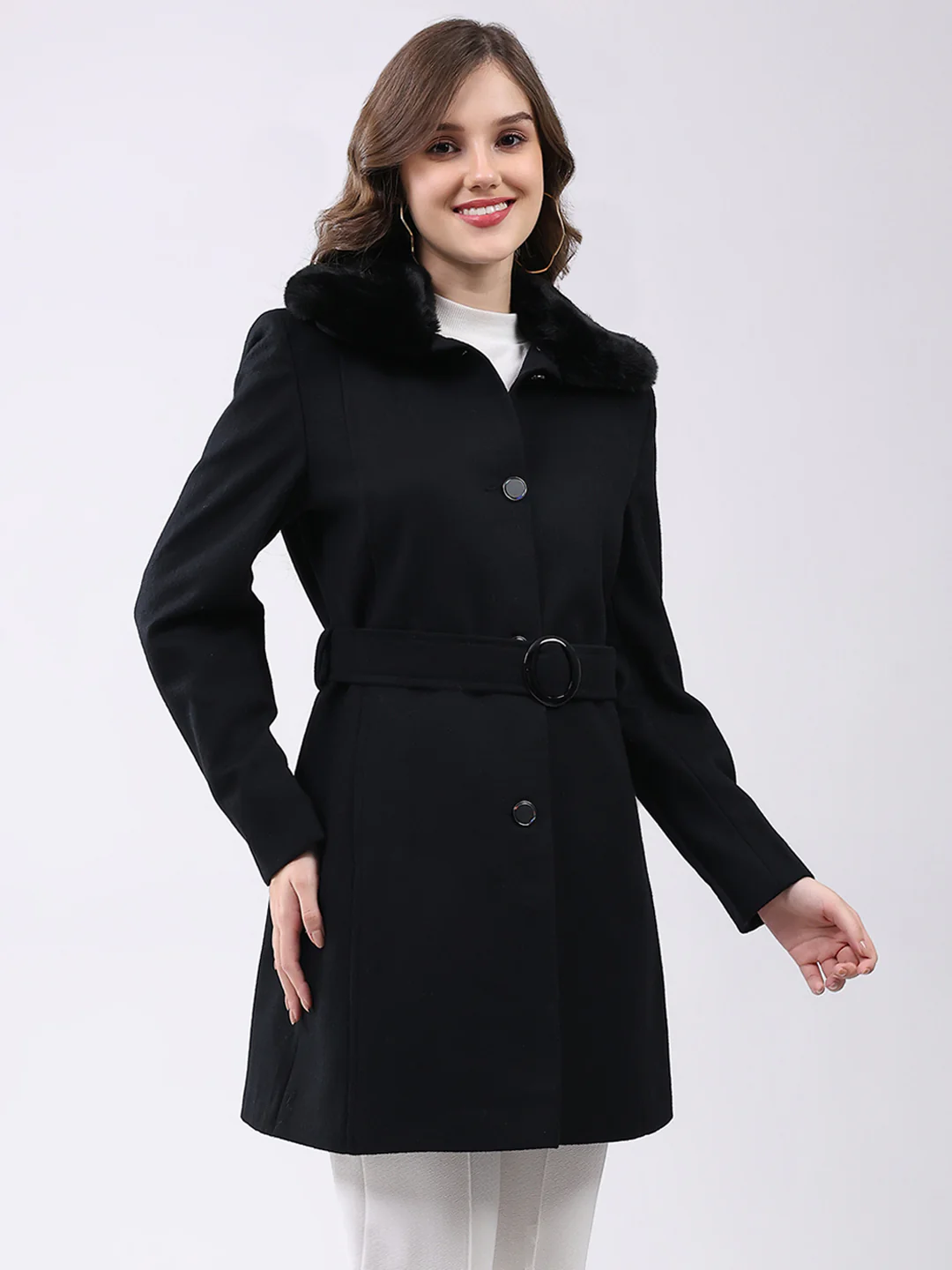 Women Black Solid Collar Full Sleeve Coat - Image 4