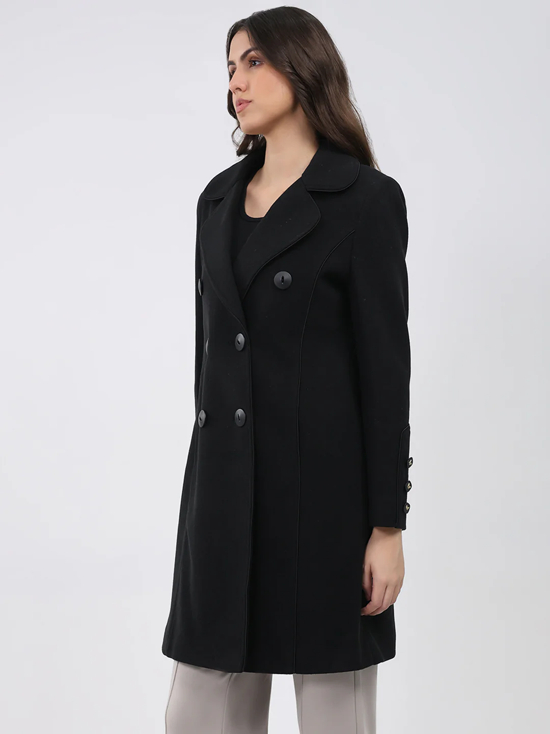 Women Black Solid Collar Full Sleeve Coat - Image 3