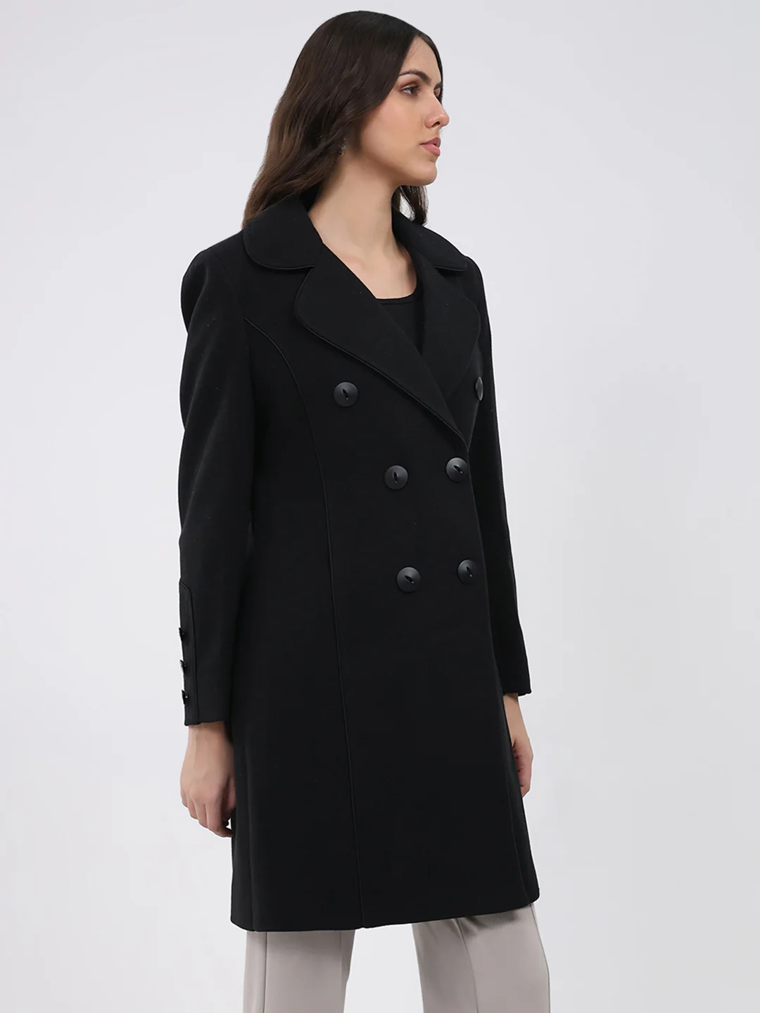 Women Black Solid Collar Full Sleeve Coat - Image 4