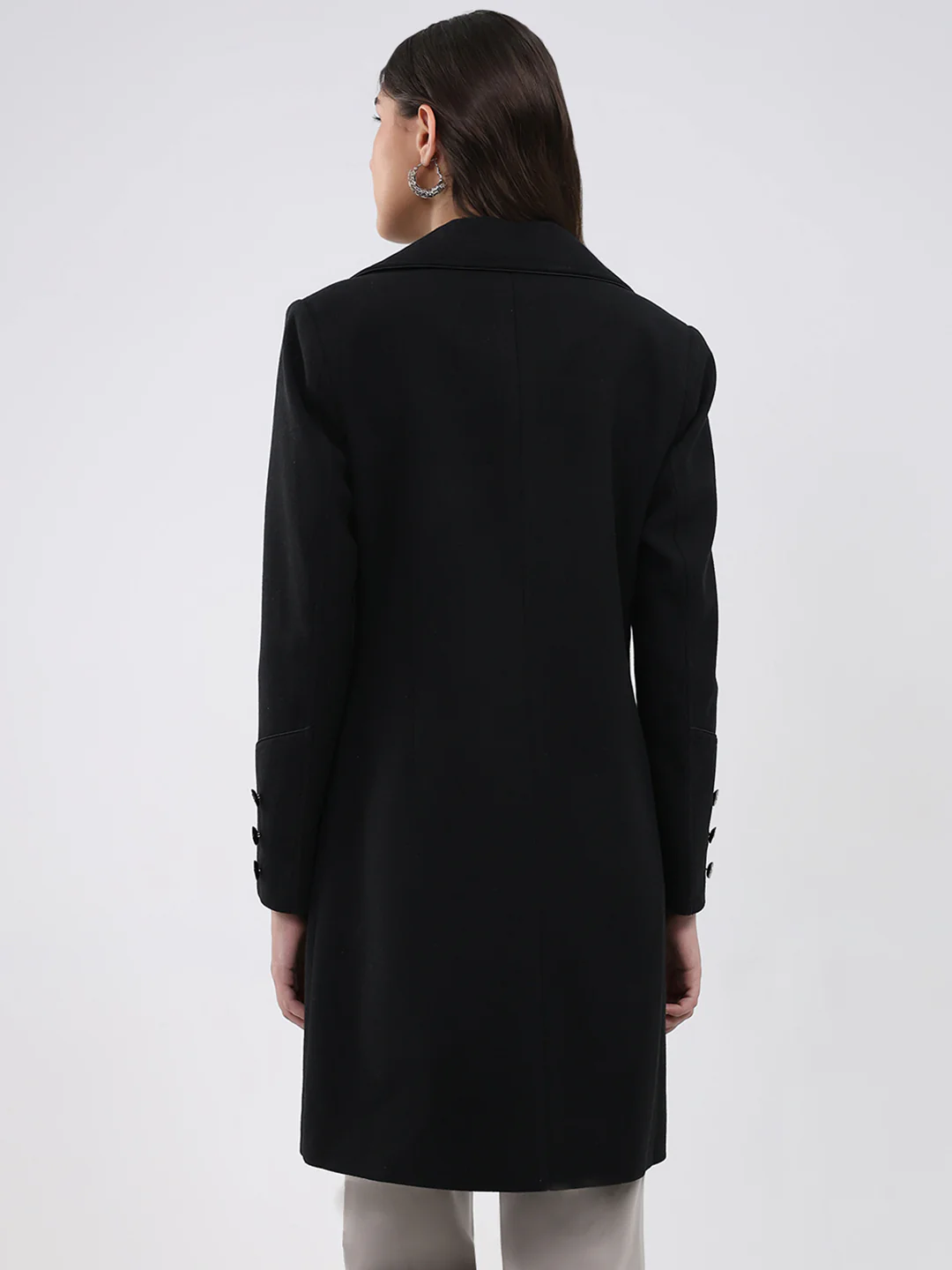 Women Black Solid Collar Full Sleeve Coat - Image 5