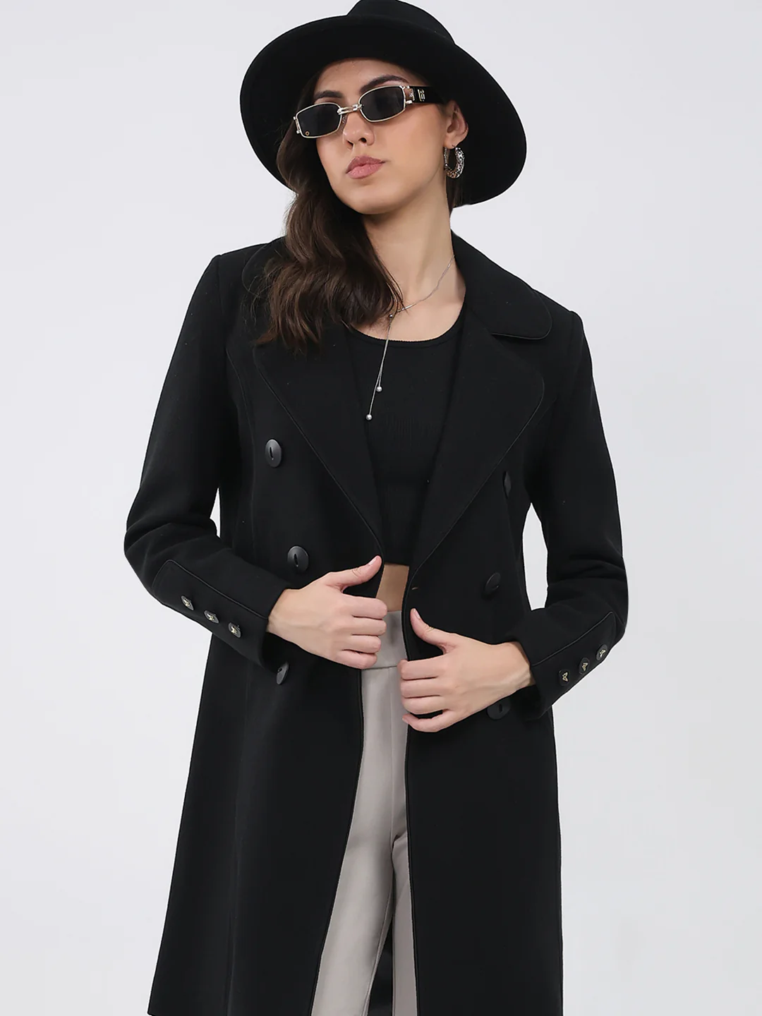 Women Black Solid Collar Full Sleeve Coat - Image 6