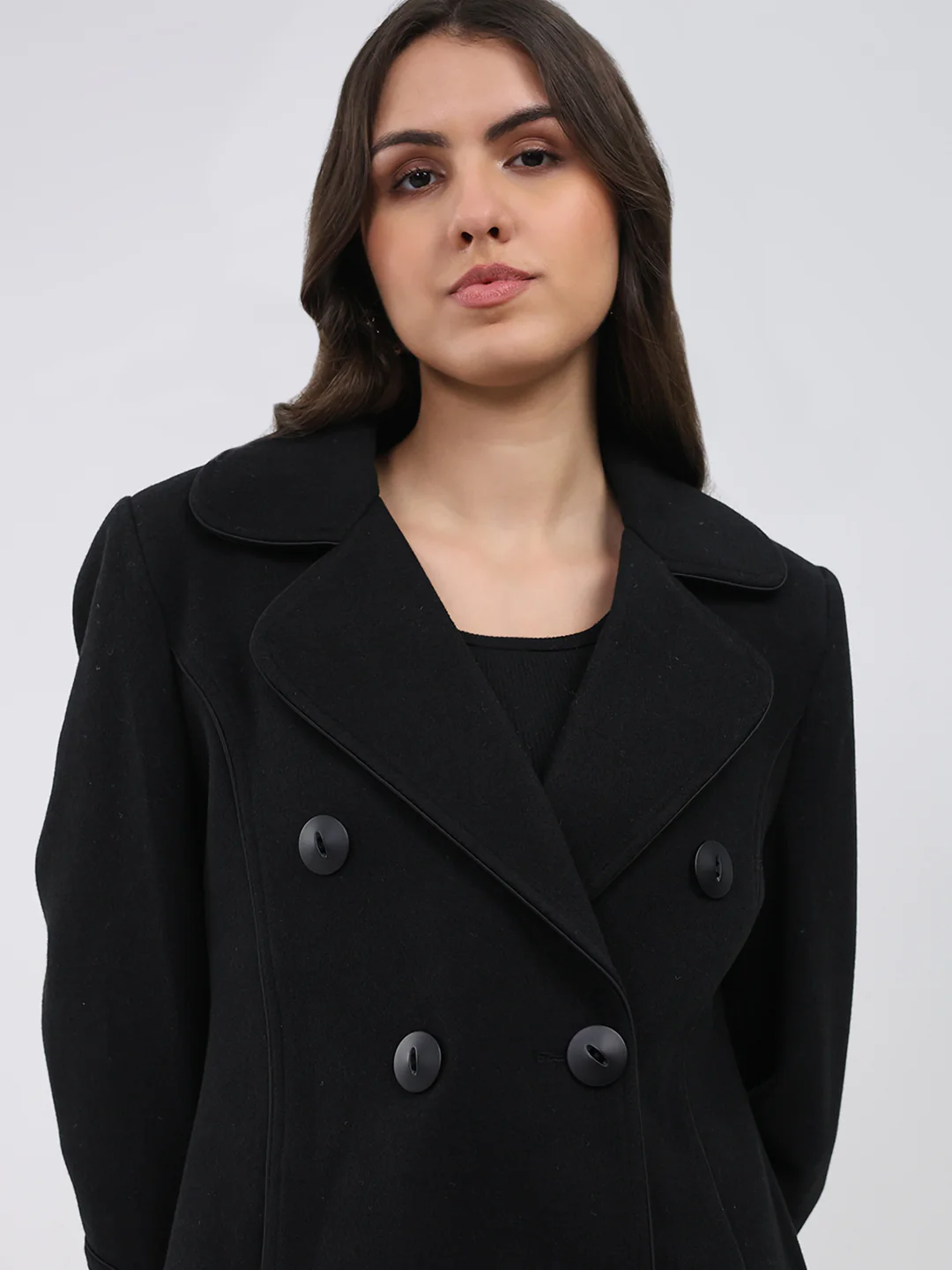 Women Black Solid Collar Full Sleeve Coat - Image 7