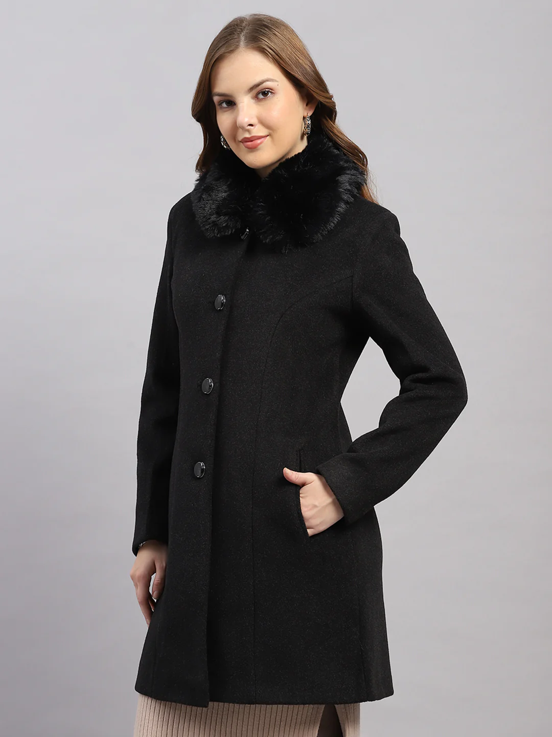 Women Black Solid Collar Full Sleeve Coat - Image 3