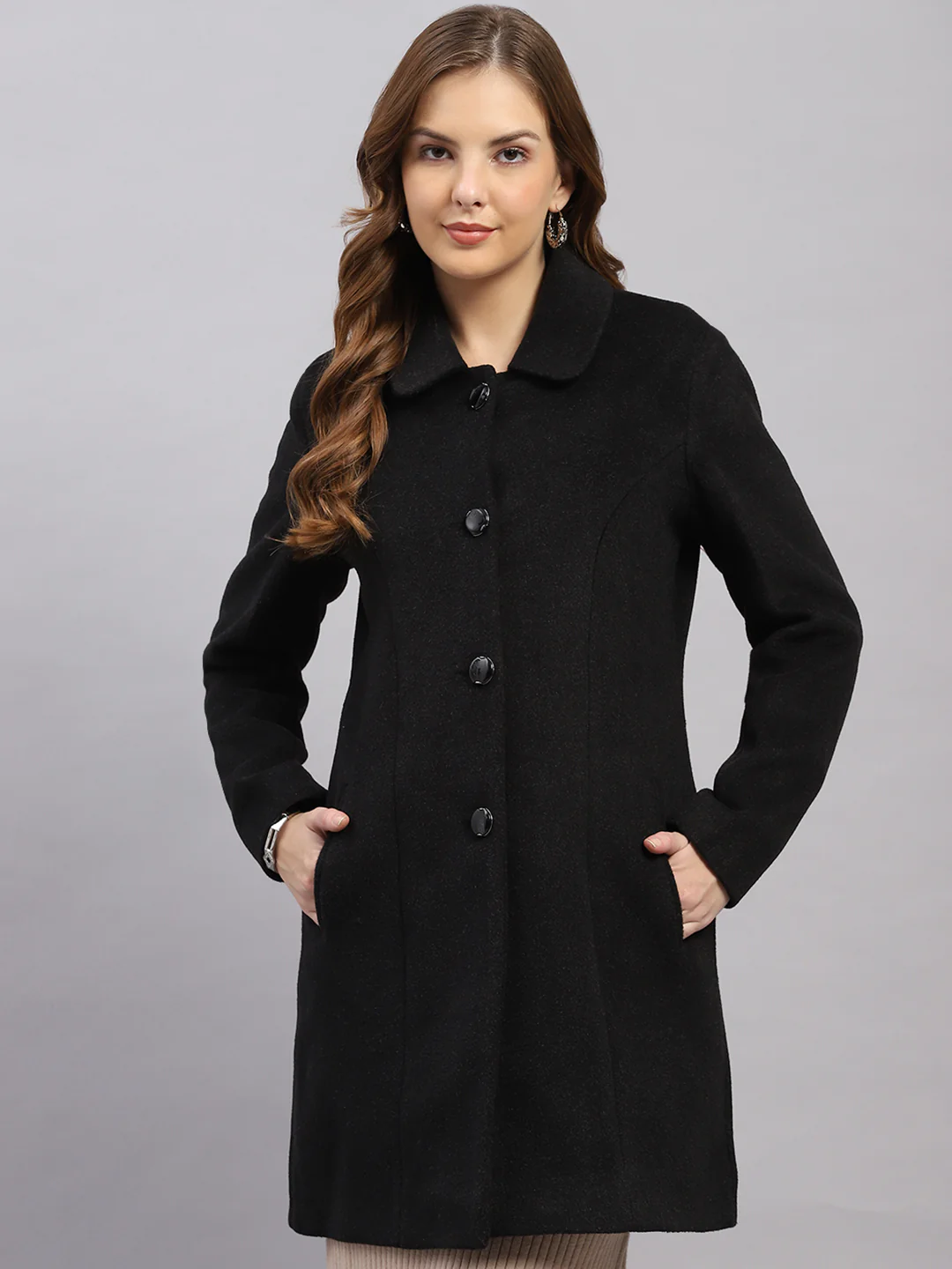 Women Black Solid Collar Full Sleeve Coat - Image 6
