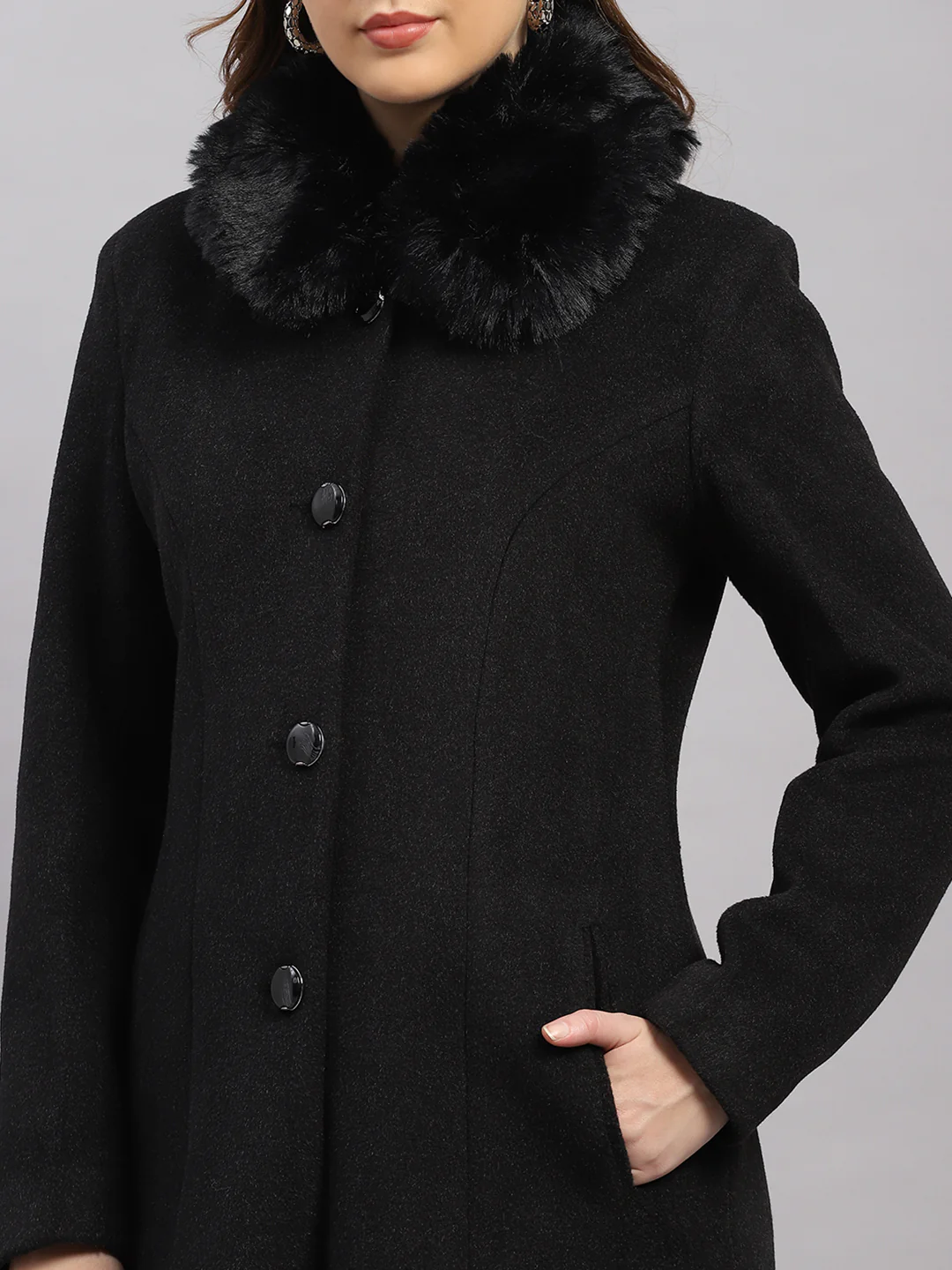 Women Black Solid Collar Full Sleeve Coat - Image 8