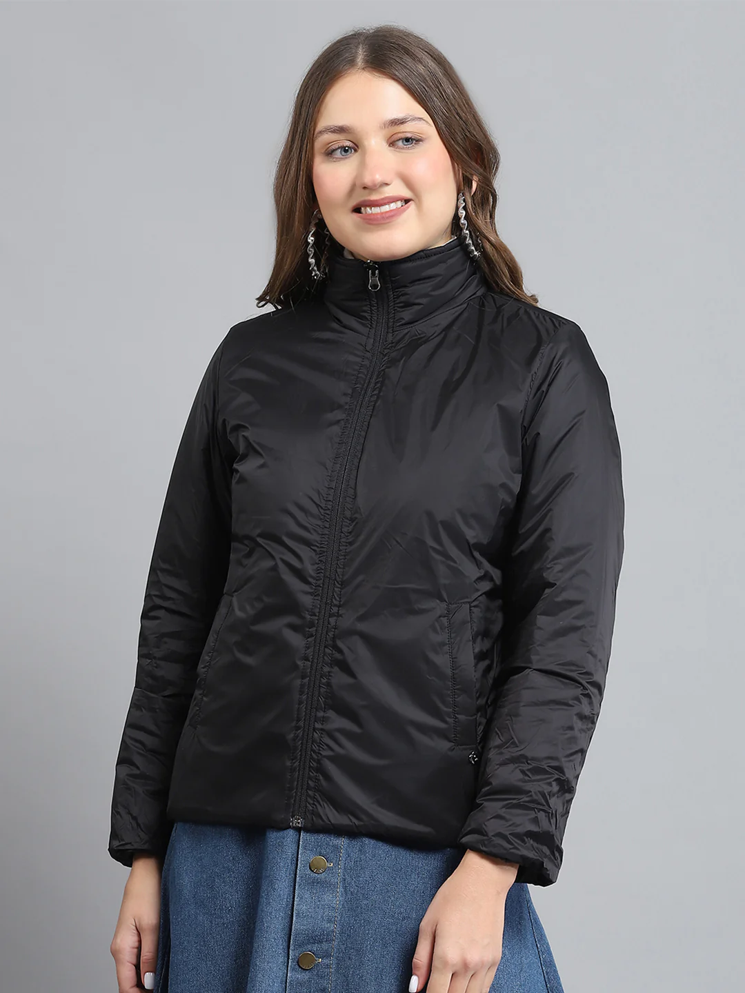 Women Black Solid Collar Full Sleeve Reversible Jacket - Image 6