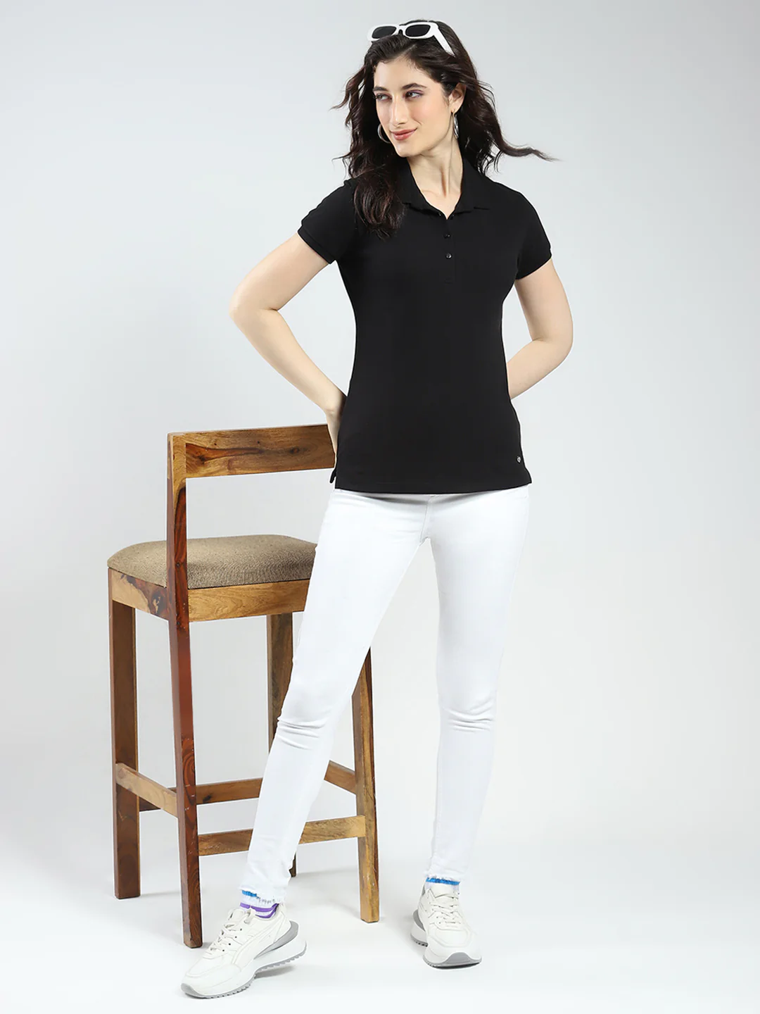 Women Black Solid Collar Half Sleeve T-Shirt - Image 3