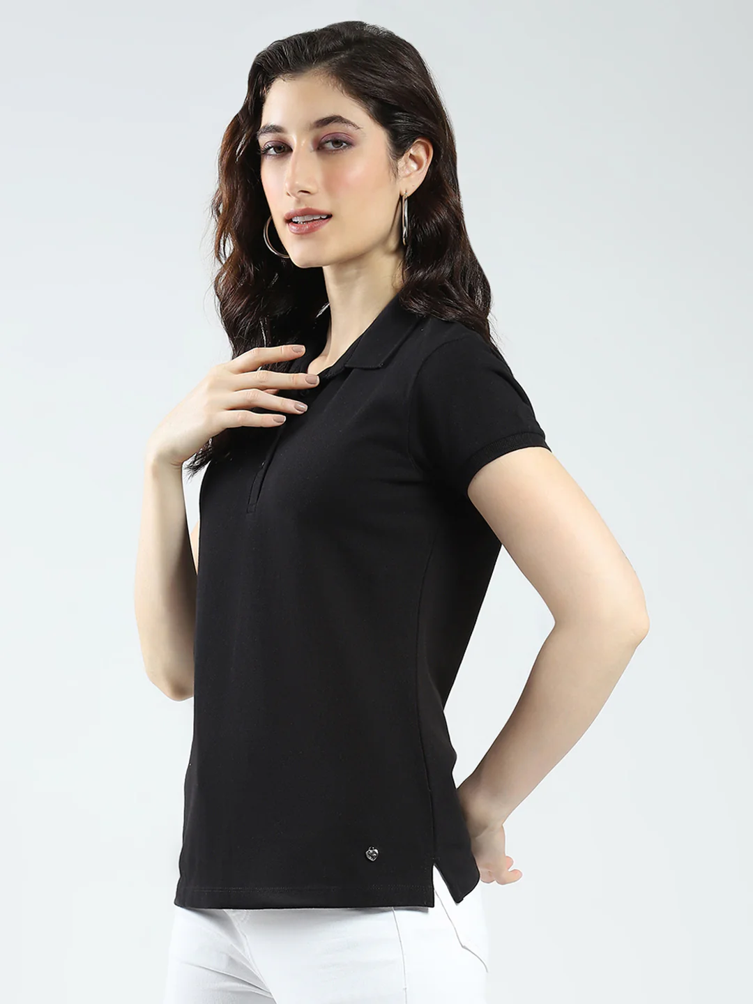 Women Black Solid Collar Half Sleeve T-Shirt - Image 4