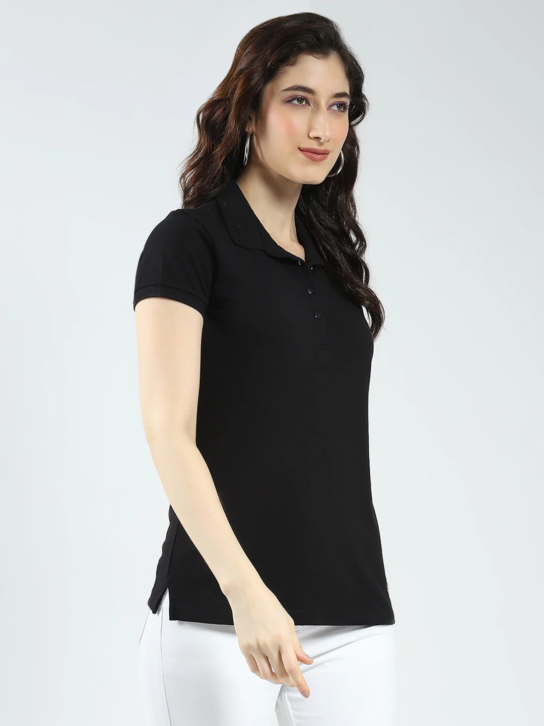 Women Black Solid Collar Half Sleeve T-Shirt - Image 5