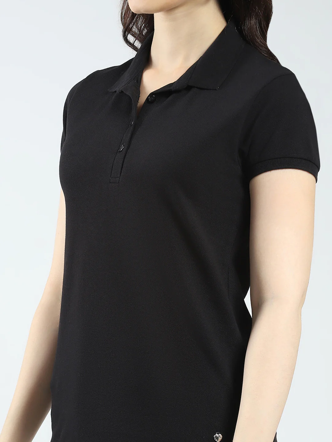 Women Black Solid Collar Half Sleeve T-Shirt - Image 7
