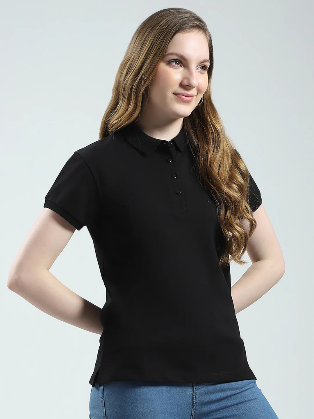 Women Black Solid Collar Half Sleeve T-Shirt - Image 4