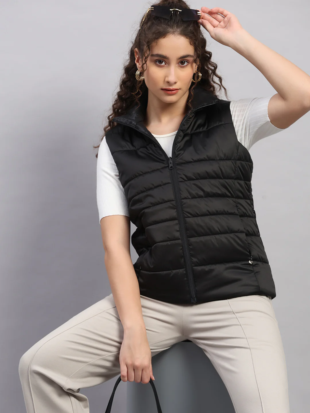 Women Black Solid Collar Sleeveless Jacket - Image 6
