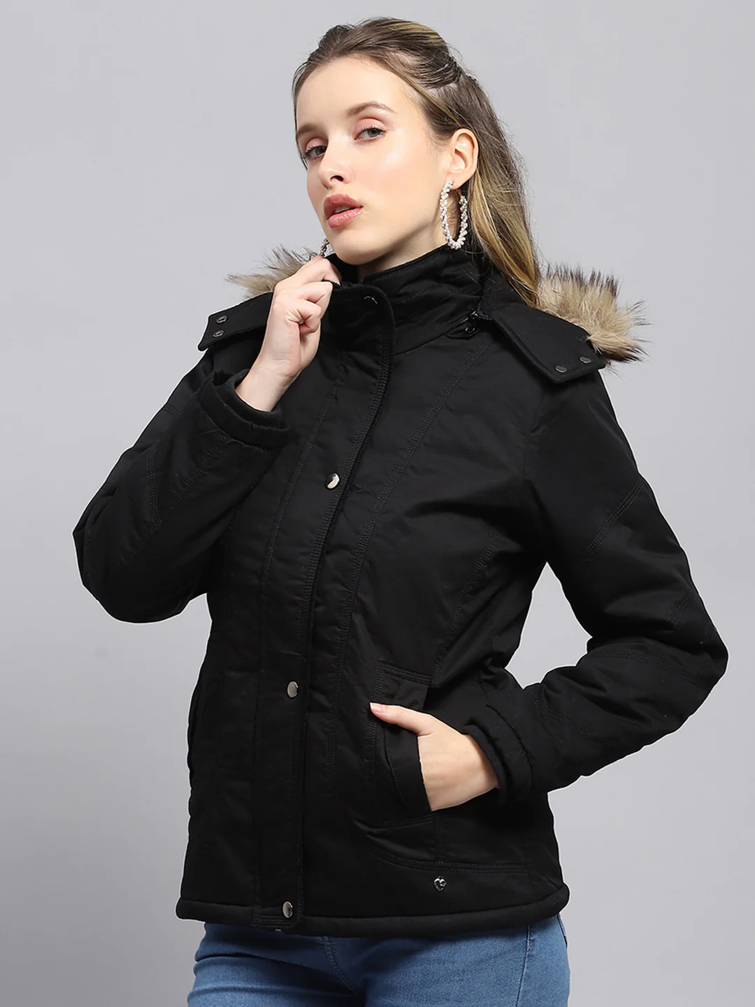 Women Black Solid Detachable Hood Full Sleeve Jacket - Image 3