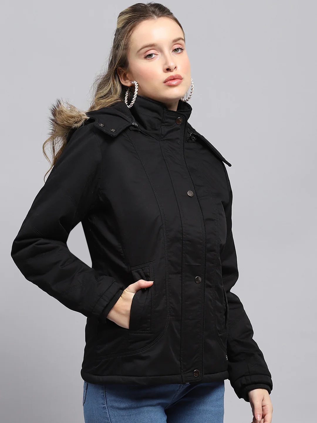 Women Black Solid Detachable Hood Full Sleeve Jacket - Image 4