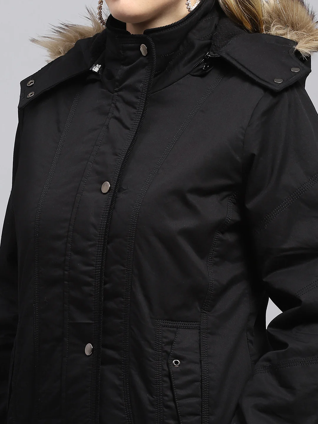 Women Black Solid Detachable Hood Full Sleeve Jacket - Image 7