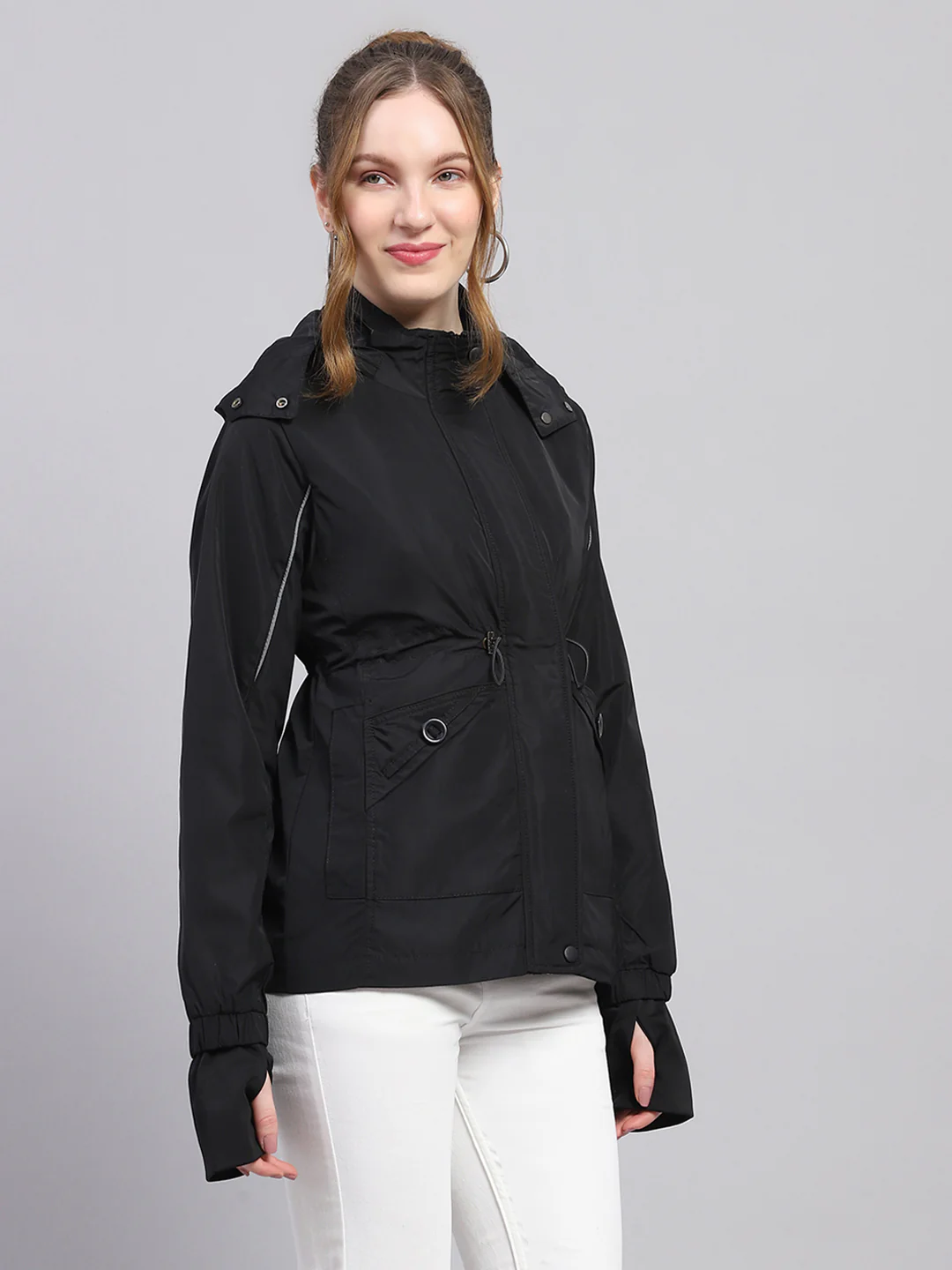 Women Black Solid Detachable Hood Full Sleeve Jacket - Image 4
