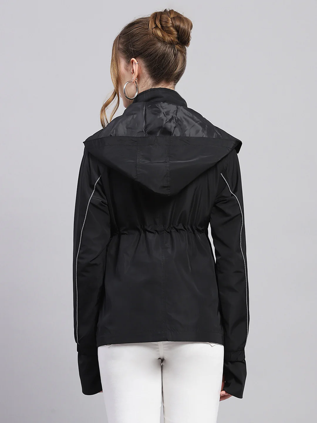 Women Black Solid Detachable Hood Full Sleeve Jacket - Image 5