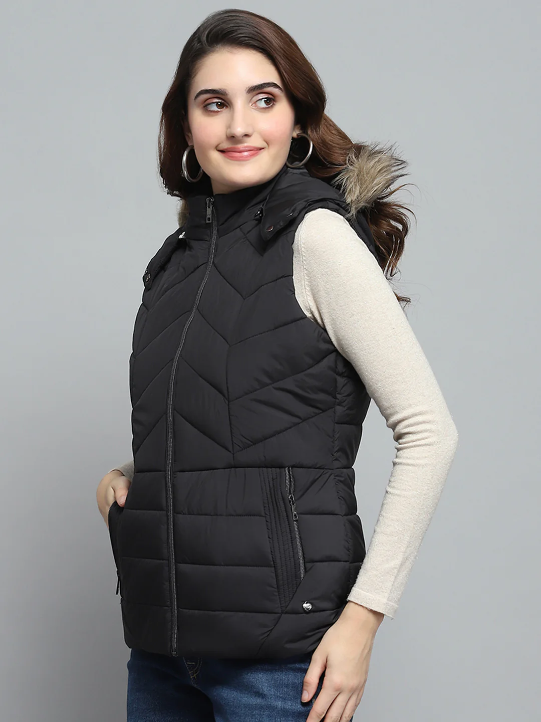 Women Black Solid Detachable Hood Sleeveless Jacket - Image 4