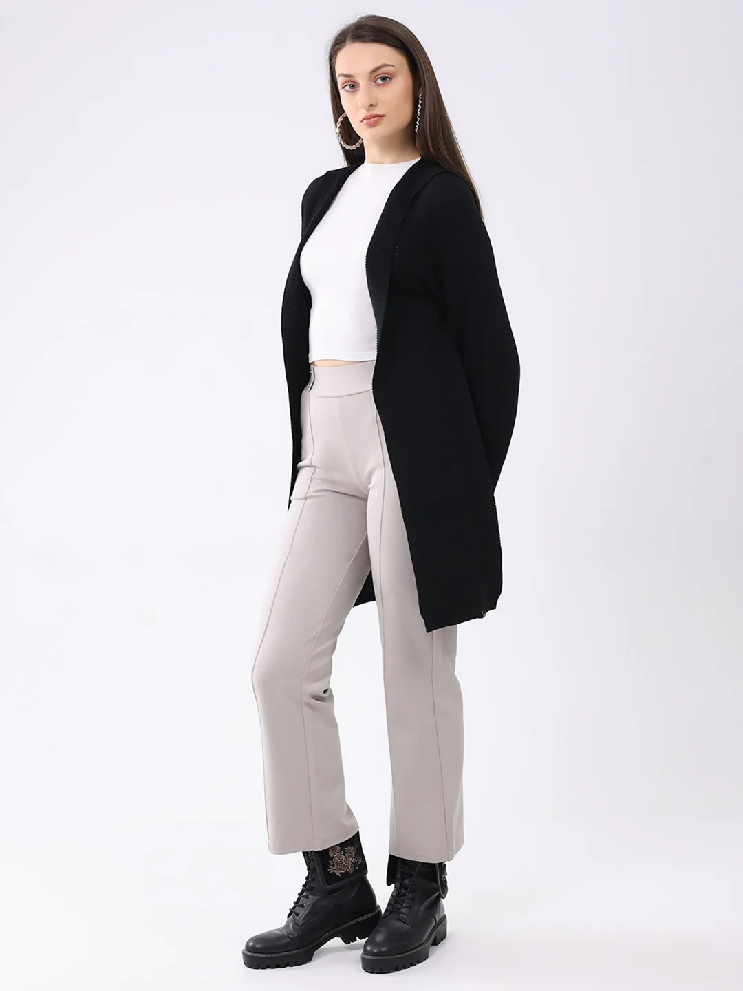 Women Black Solid Front Open Full Sleeve Cardigan - Image 3