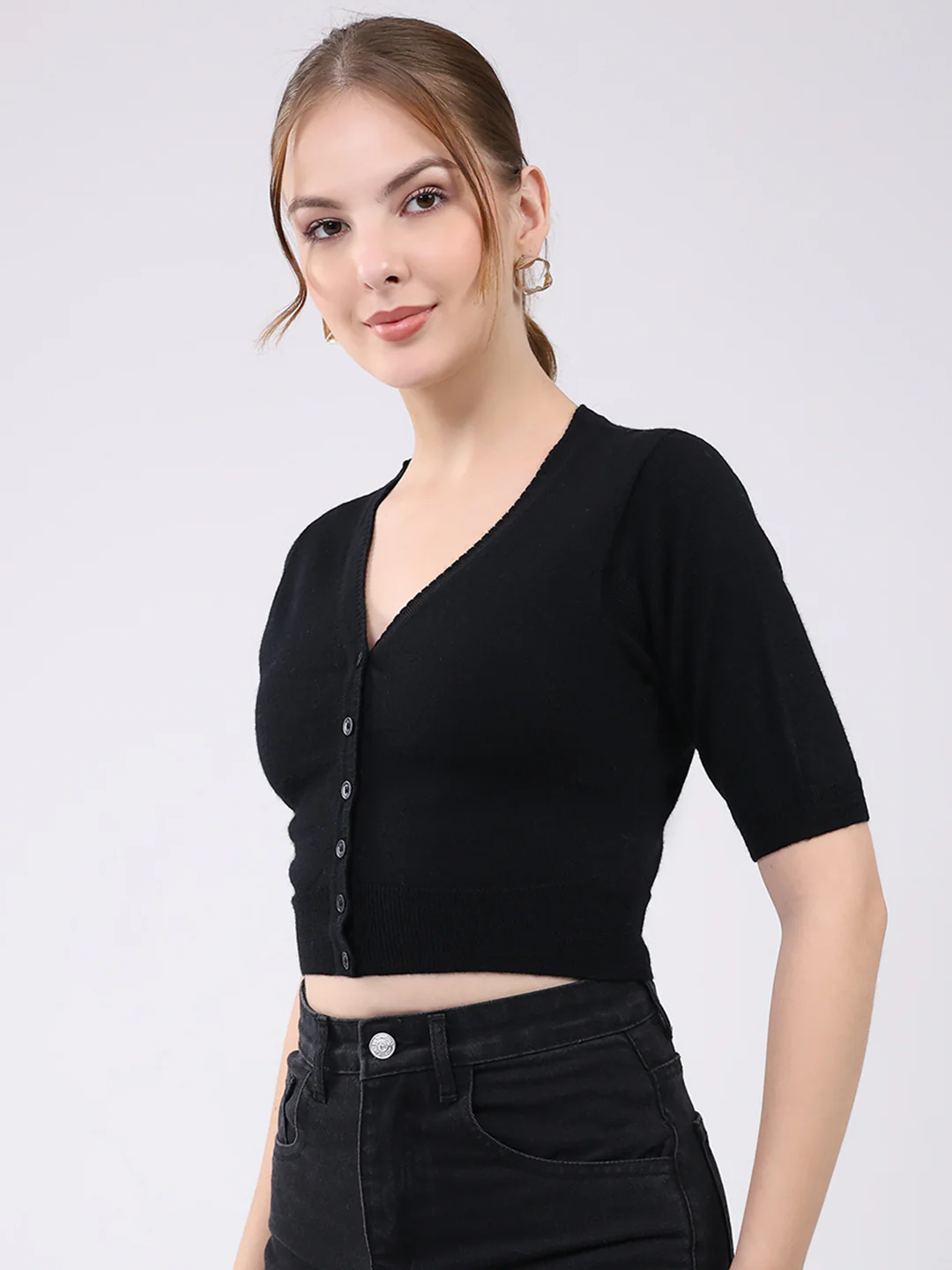Women Black Solid Front Open Half Sleeve Cardigan - Image 3