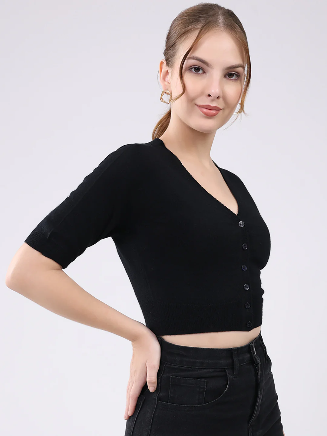 Women Black Solid Front Open Half Sleeve Cardigan - Image 4