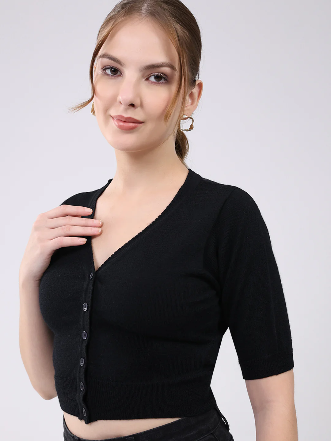 Women Black Solid Front Open Half Sleeve Cardigan - Image 6