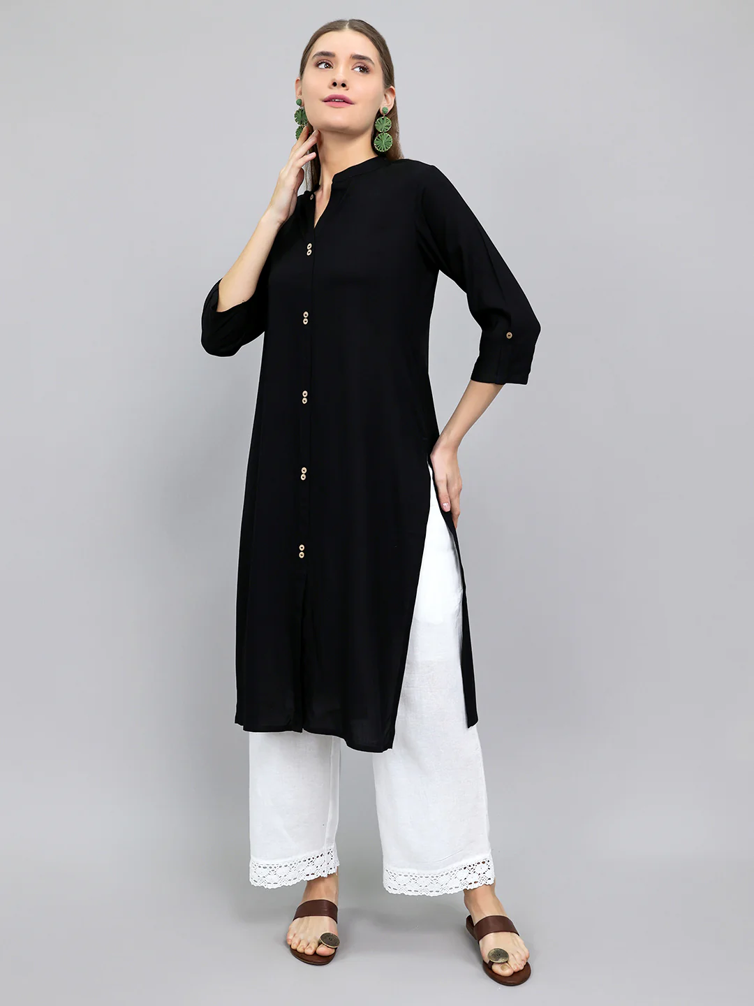 Women Black Solid Henley Neck 3/4th Sleeve Kurti - Image 2