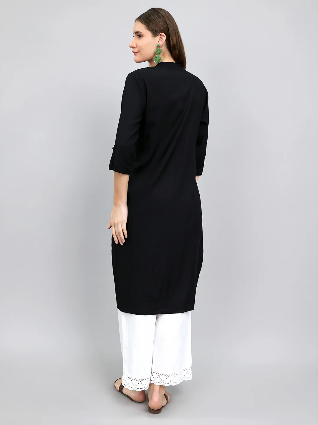 Women Black Solid Henley Neck 3/4th Sleeve Kurti - Image 4