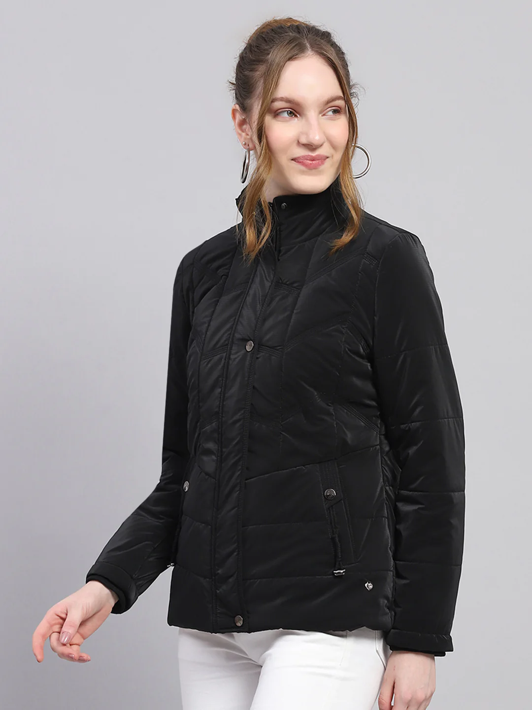 Women Black Solid High Neck Full Sleeve Jacket - Image 3