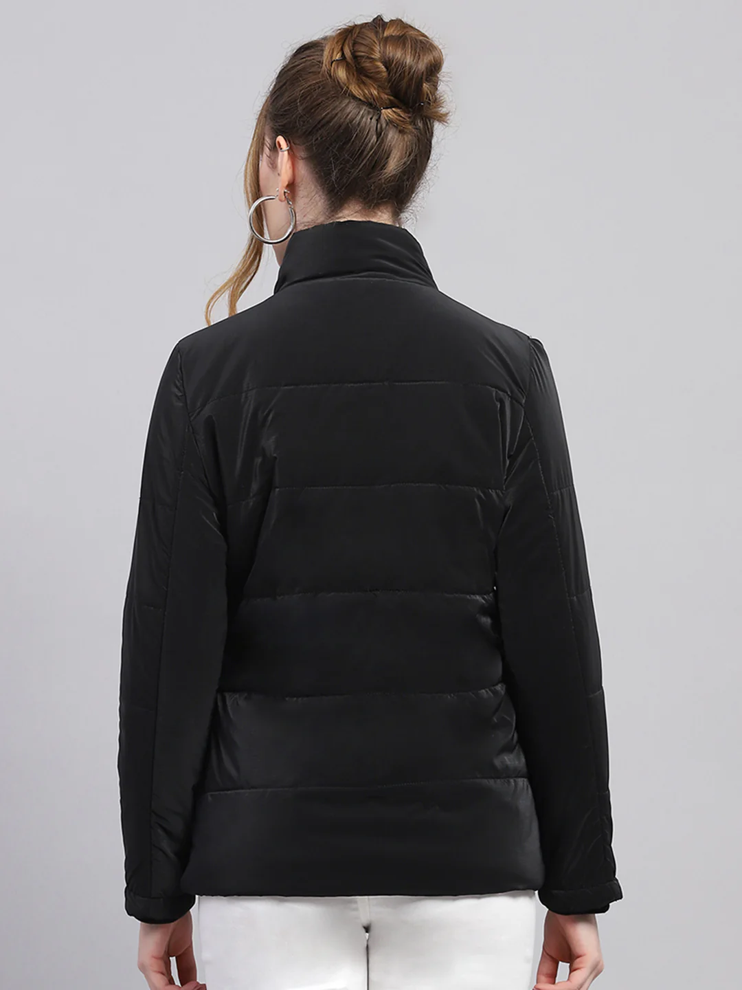 Women Black Solid High Neck Full Sleeve Jacket - Image 5
