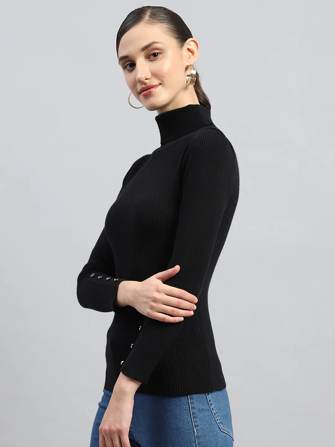 Women Black Solid High Neck Full Sleeve Sceavy - Image 3