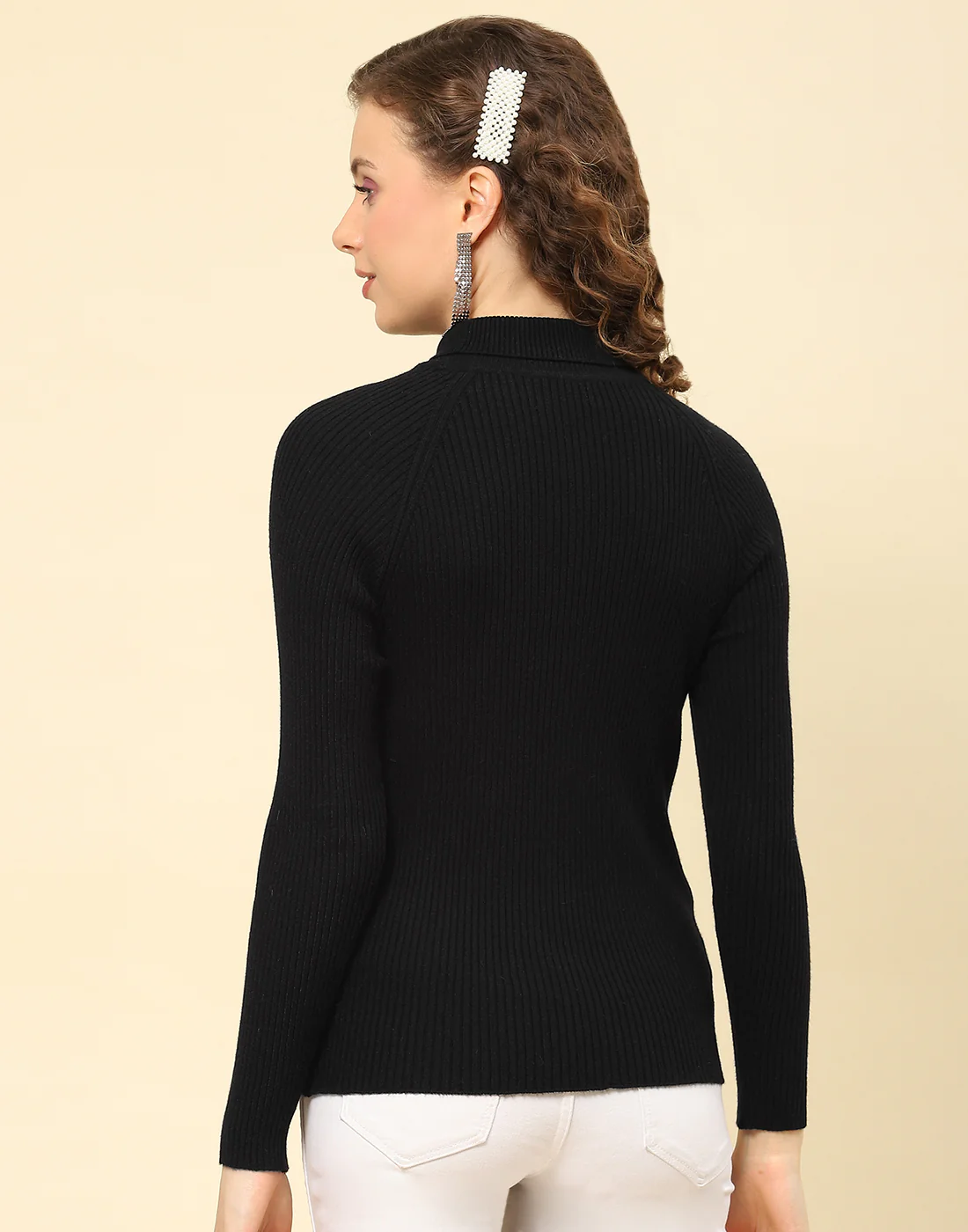 Women Black Solid High Neck Full Sleeve Sweater - Image 5