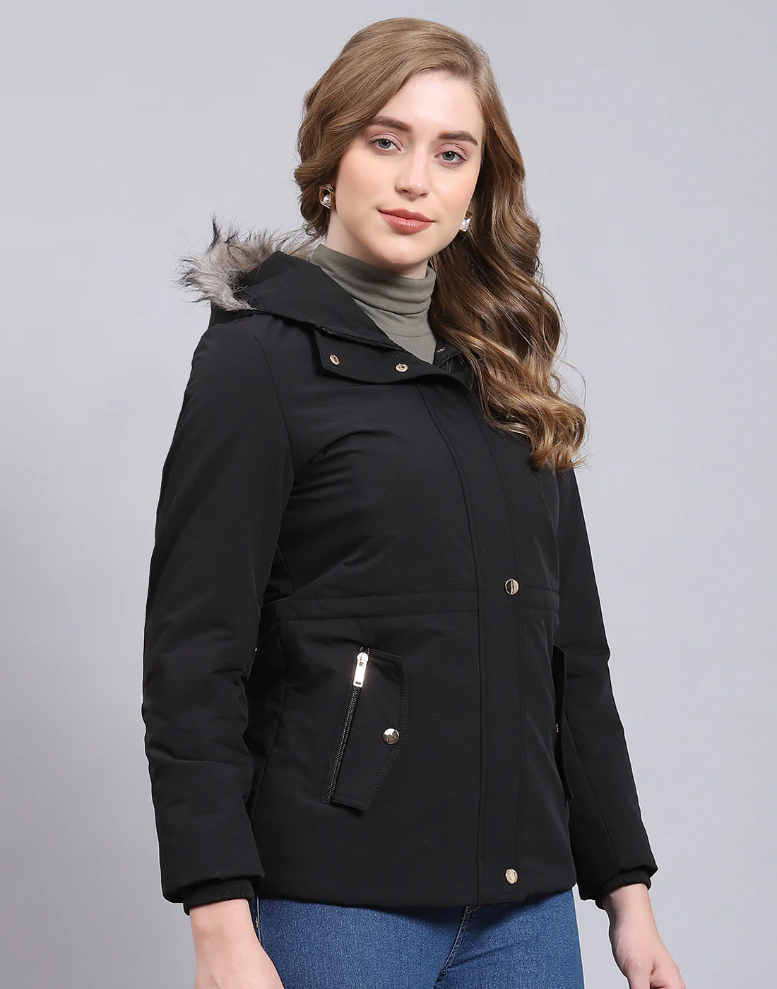 Women Black Hooded Jacket with Attached Inflatable Neck Pillow - Image 4