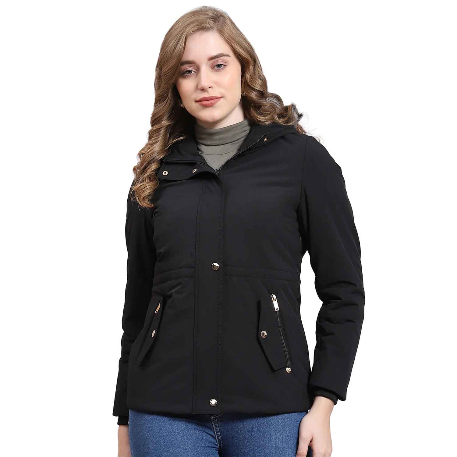 Women Black Hooded Jacket with Attached Inflatable Neck Pillow - Image 5