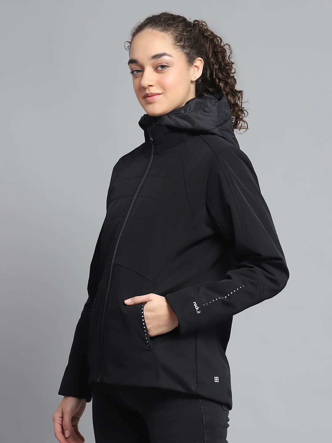 Rock.it Women Black Solid Detachable Hood Full Sleeve Jacket - Image 3