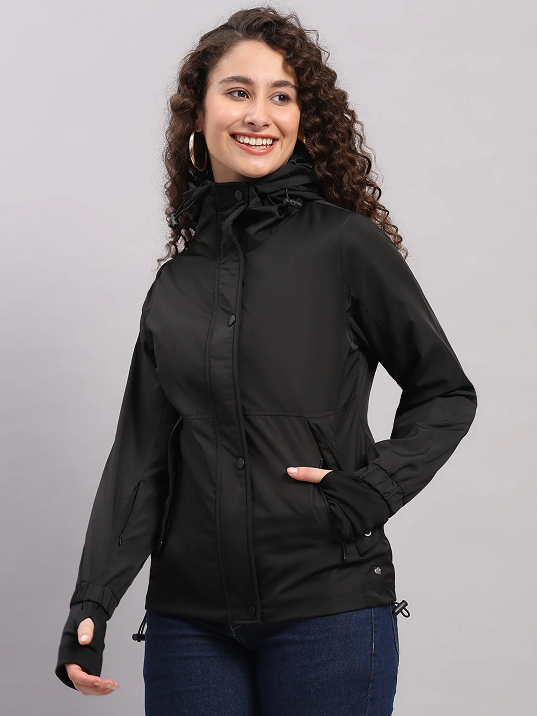 Women Black Solid Hooded Full Sleeve Jacket - Image 3