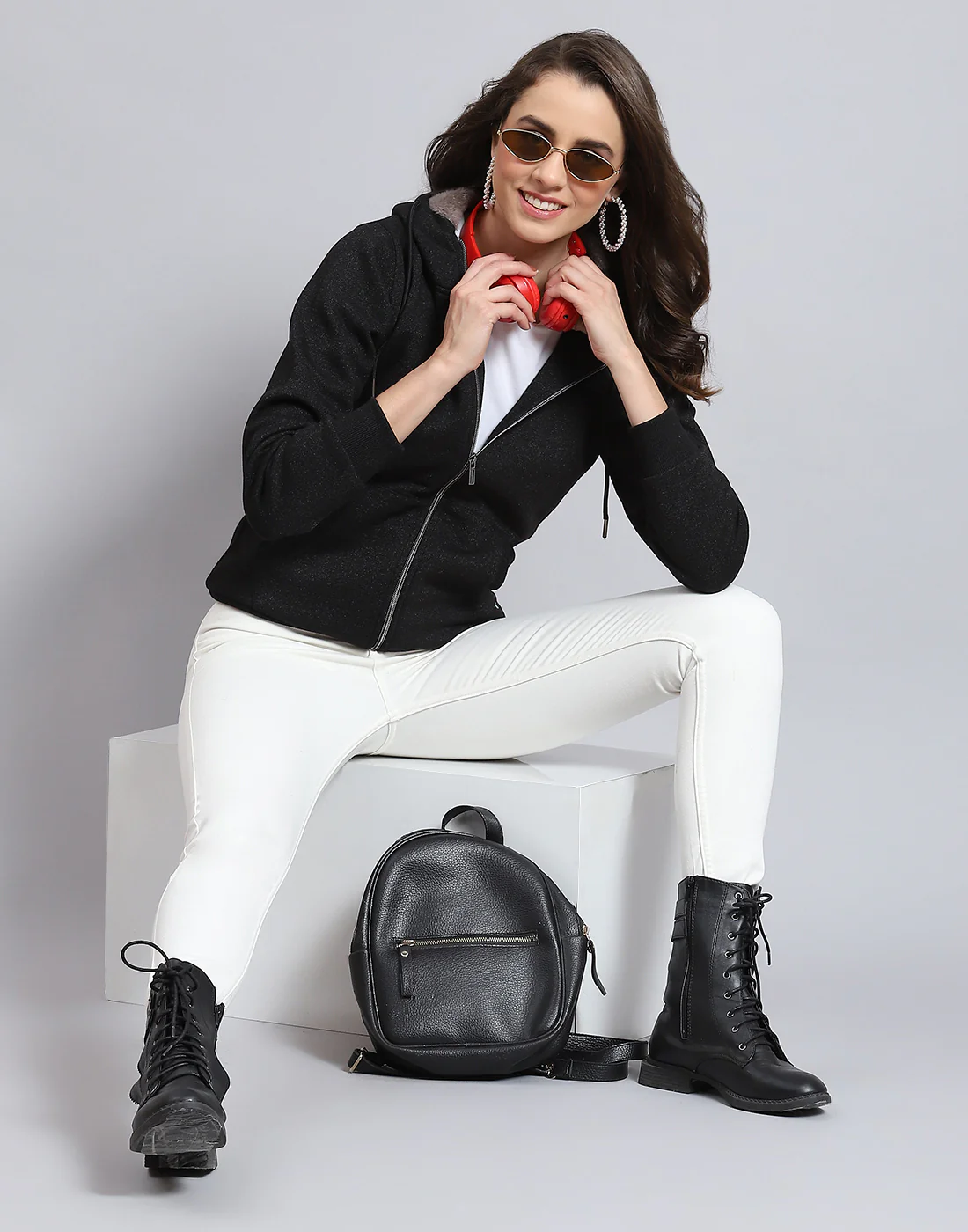 Women Black Solid Hooded Full Sleeve Sweatshirt - Image 3