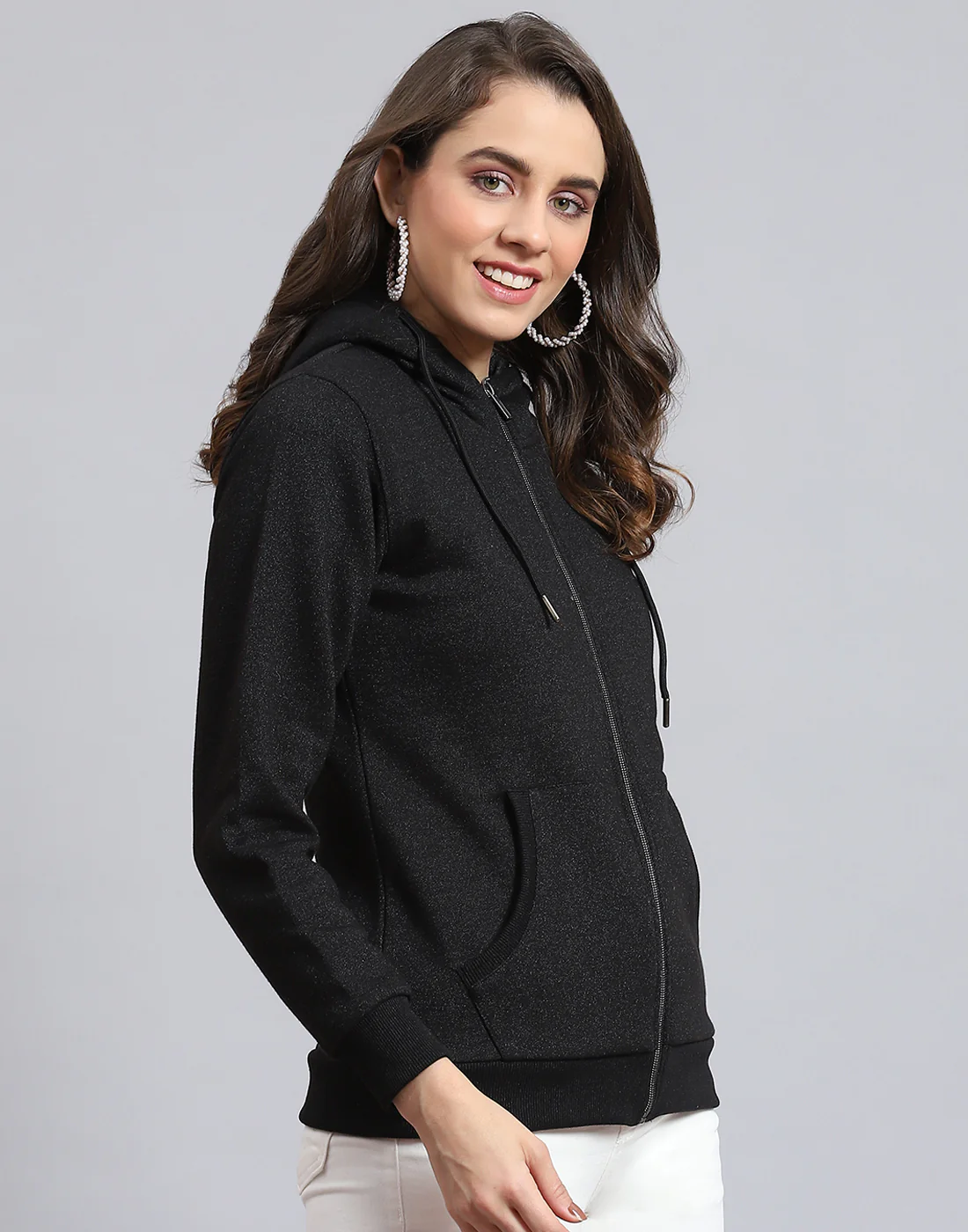 Women Black Solid Hooded Full Sleeve Sweatshirt - Image 5