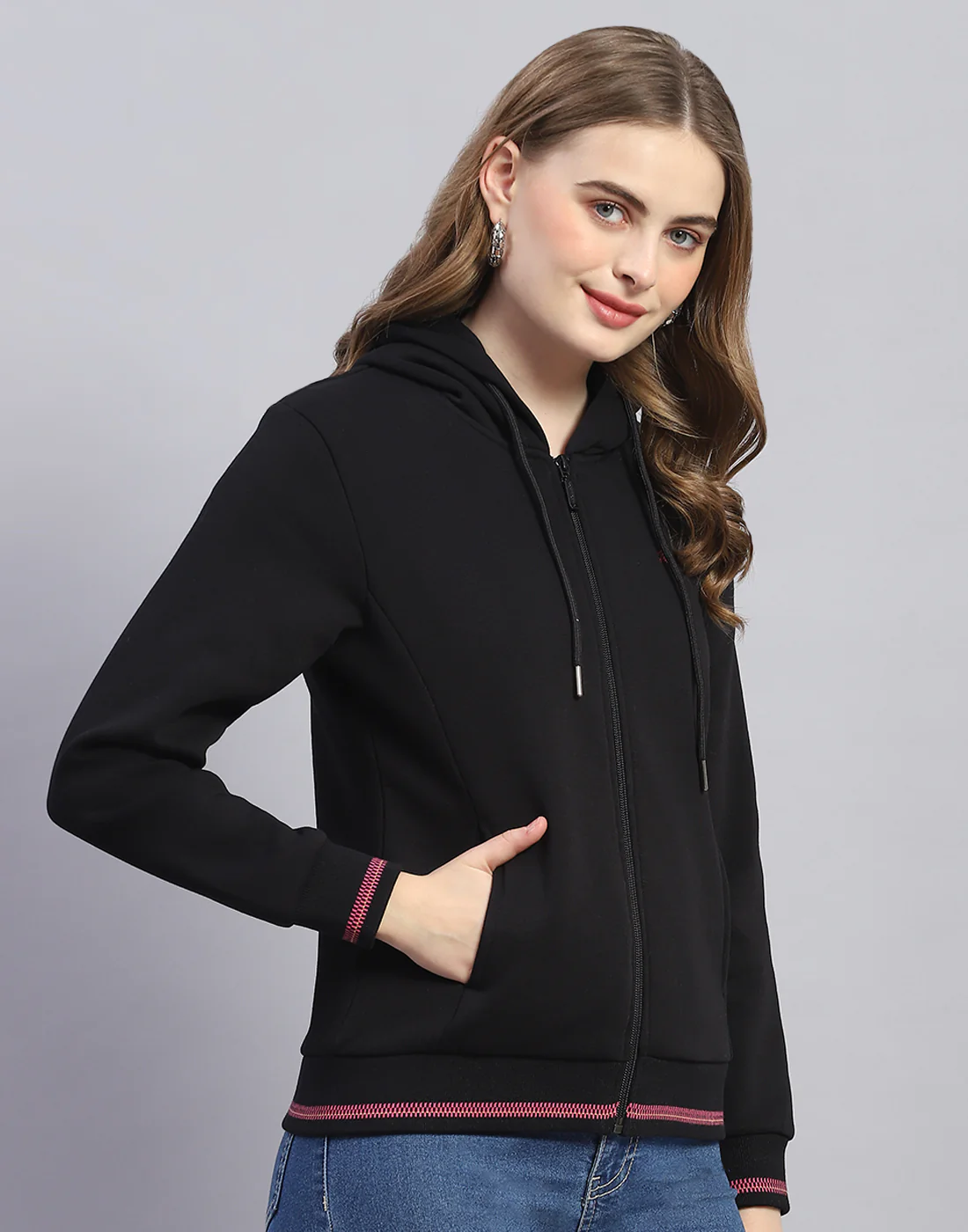Women Black Solid Hooded Full Sleeve Sweatshirt - Image 4
